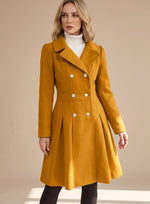 Greta Fitted Double-Breasted Flared Wool Coat with Pockets