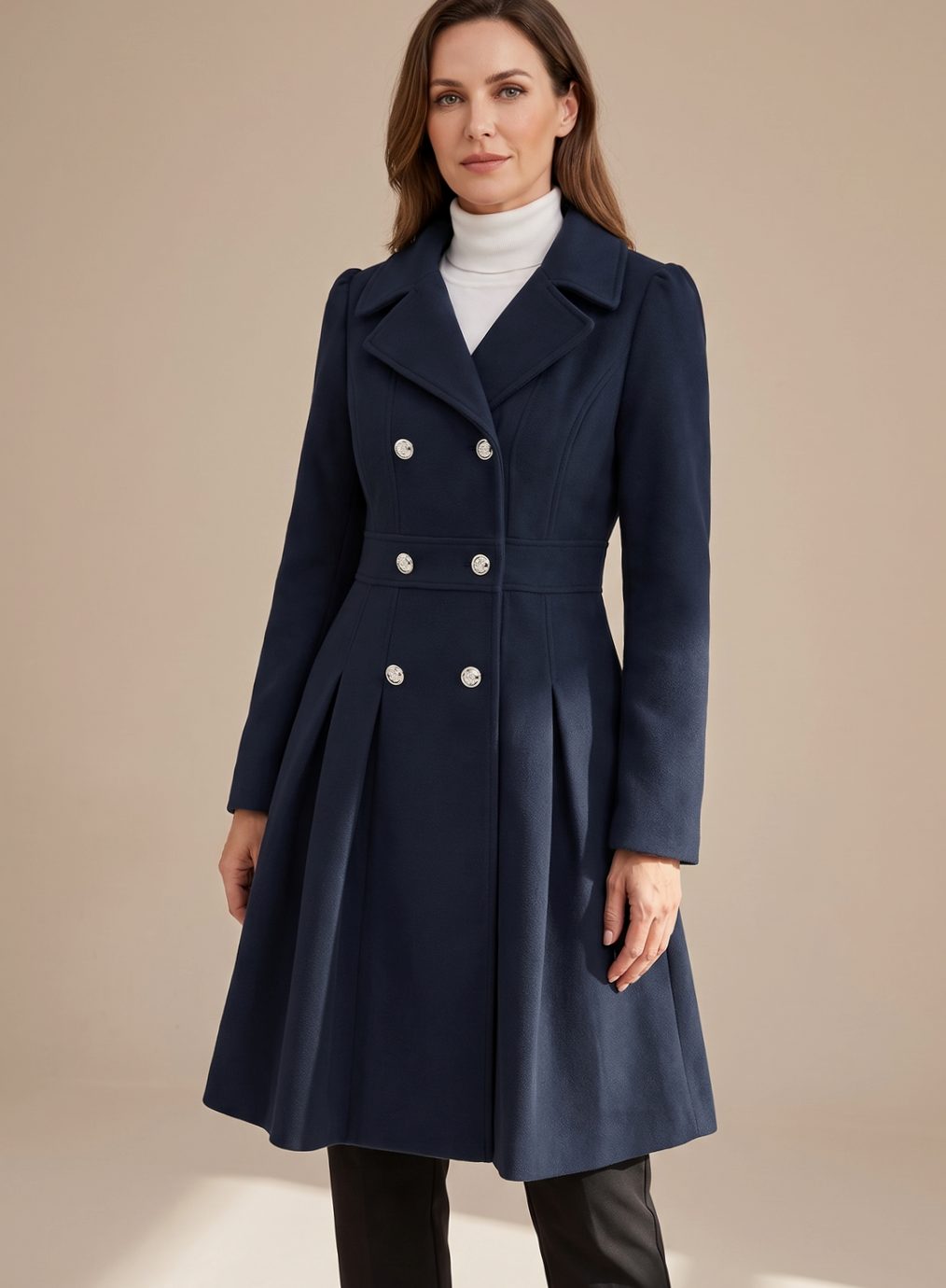Greta Fitted Double-Breasted Flared Wool Coat with Pockets