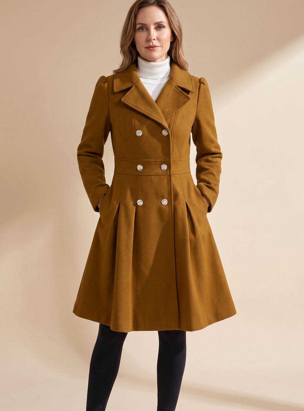 Greta Fitted Double-Breasted Flared Wool Coat with Pockets