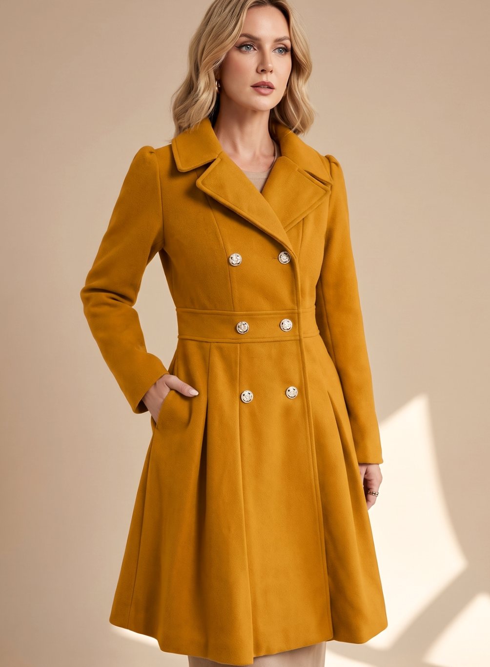 Greta Fitted Double-Breasted Flared Wool Coat with Pockets