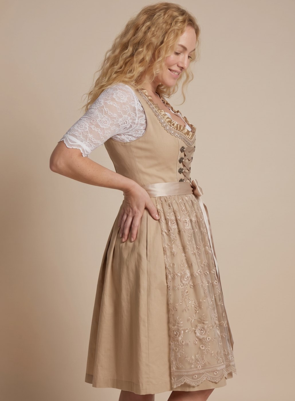 Clara Knee-Length Lace-Up Dirndl with Lace Blouse