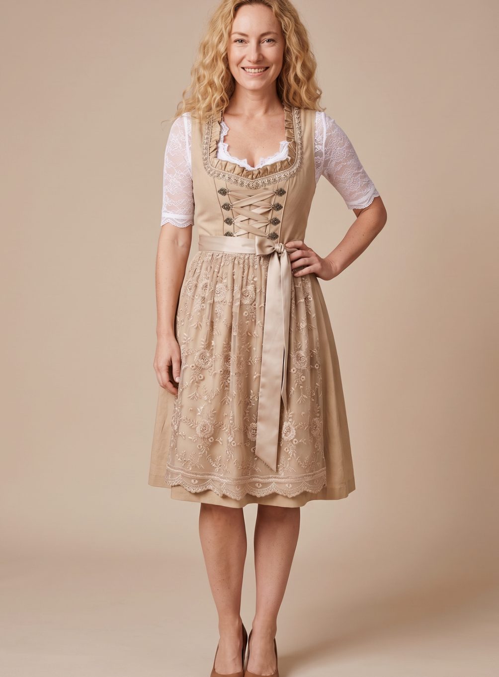 Clara Knee-Length Lace-Up Dirndl with Lace Blouse