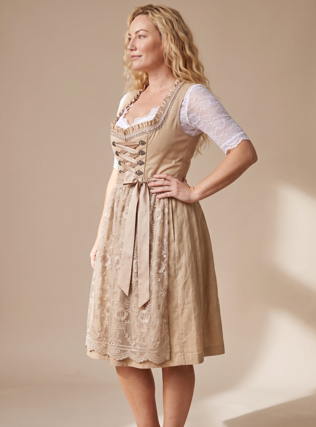 Clara Knee-Length Lace-Up Dirndl with Lace Blouse