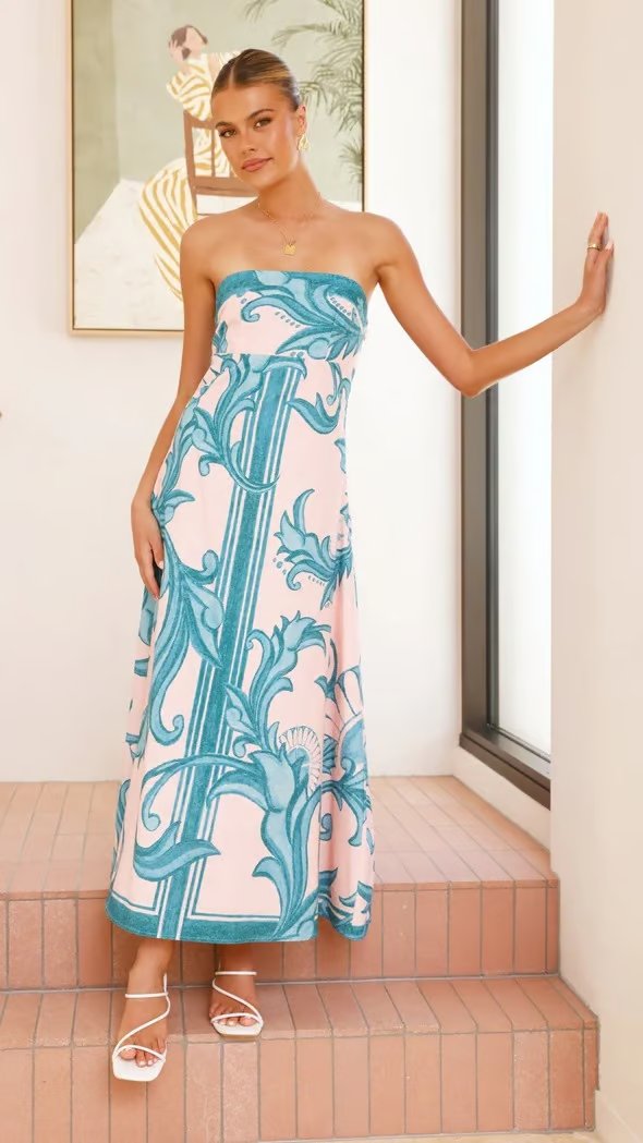 Hannah Strapless Vintage Print Maxi Dress