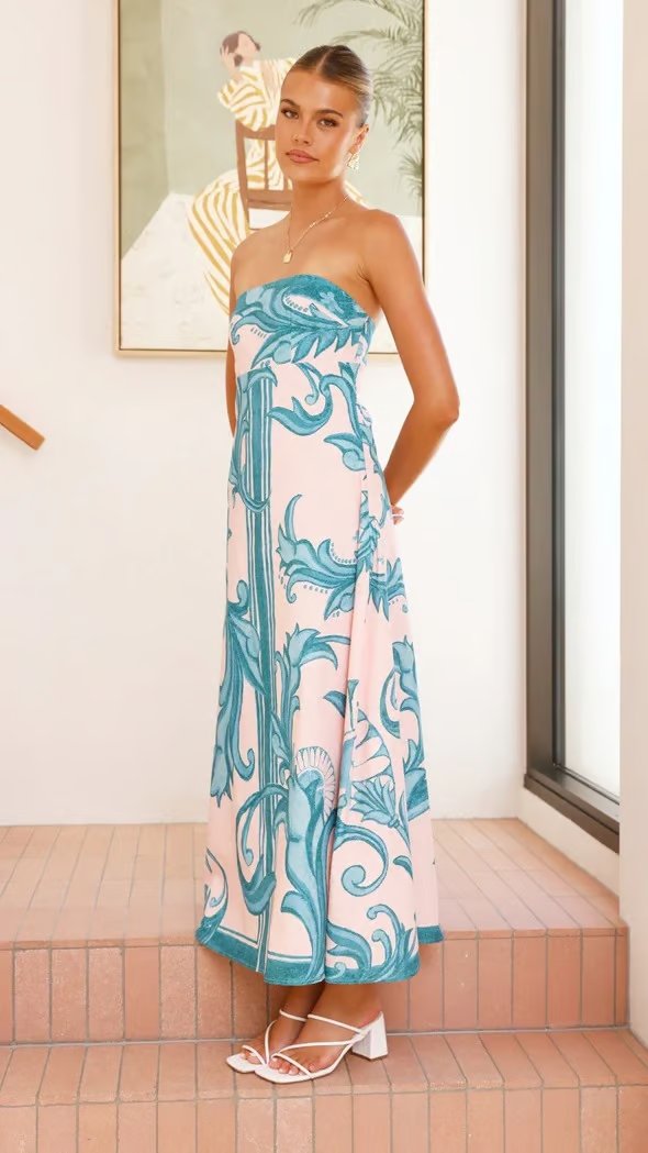 Hannah Strapless Vintage Print Maxi Dress