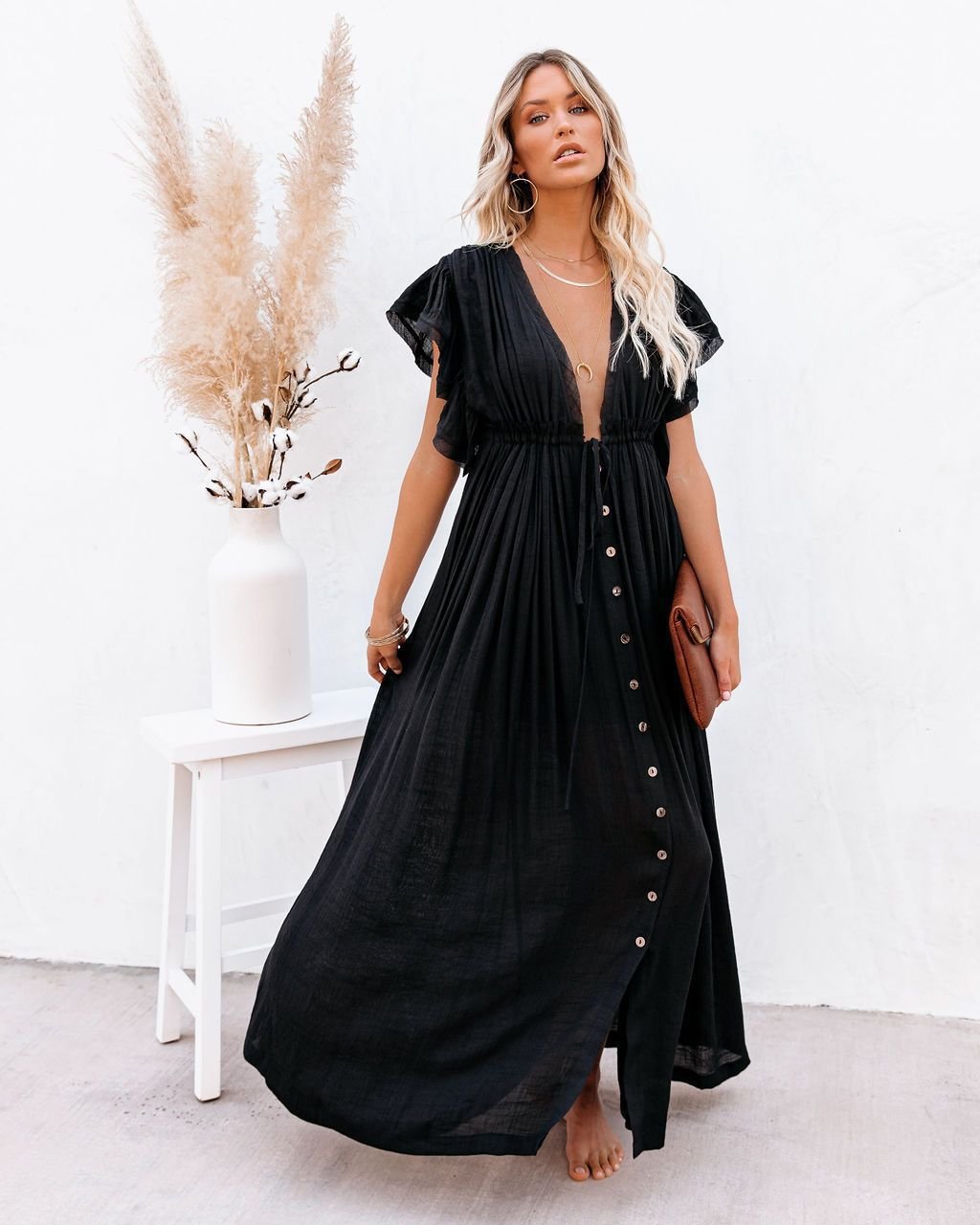 Hannah V-Neck Button-Front Maxi Dress