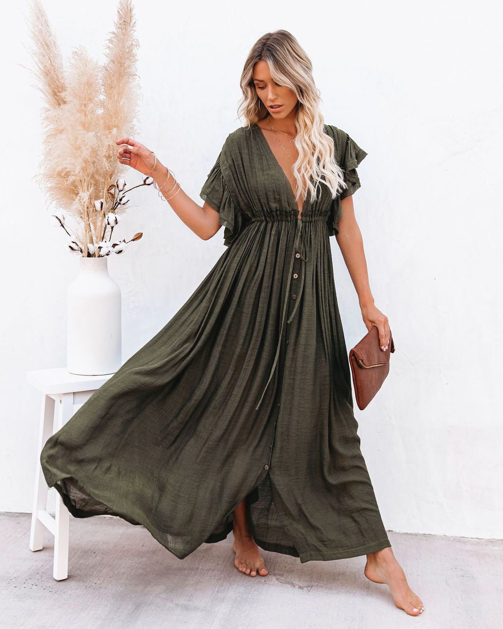 Hannah V-Neck Button-Front Maxi Dress