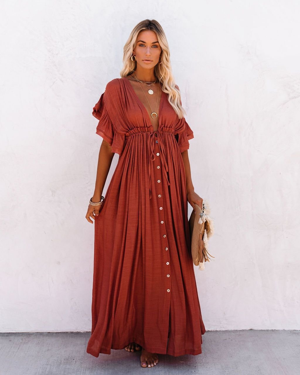 Hannah V-Neck Button-Front Maxi Dress