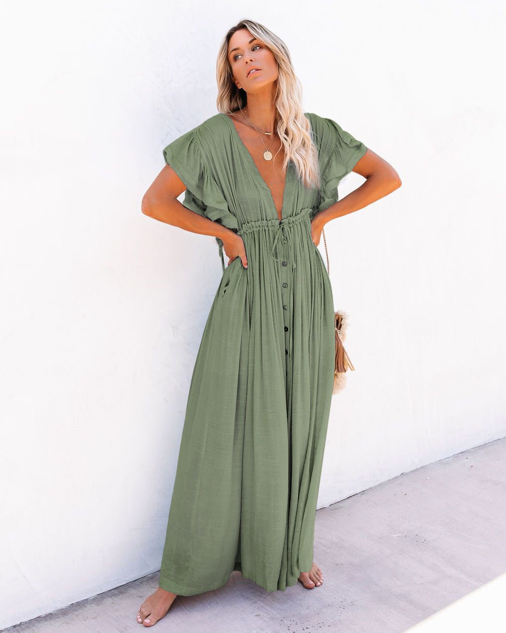 Hannah V-Neck Button-Front Maxi Dress