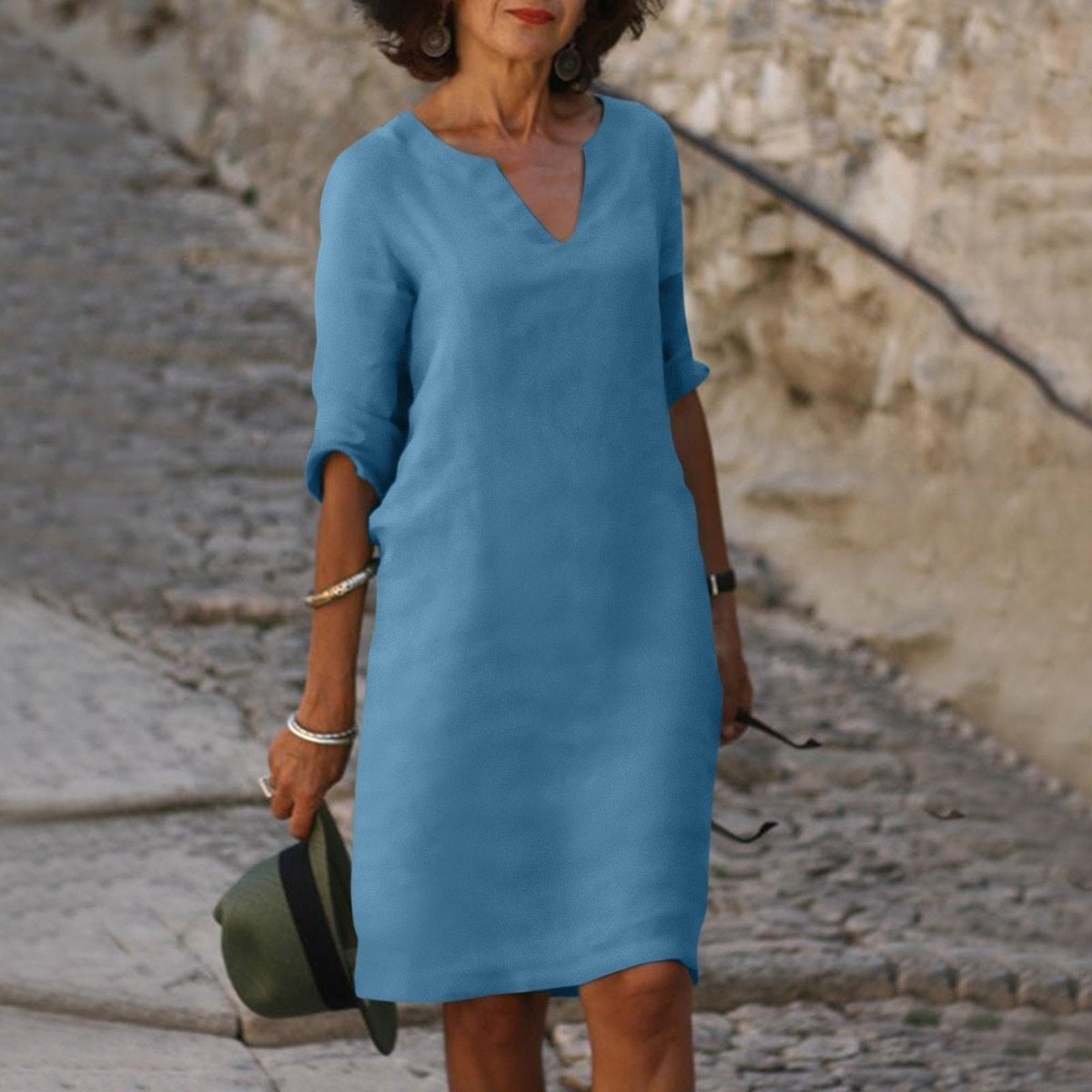 Lena V-Neck Midi Dress with 3/4 Sleeves