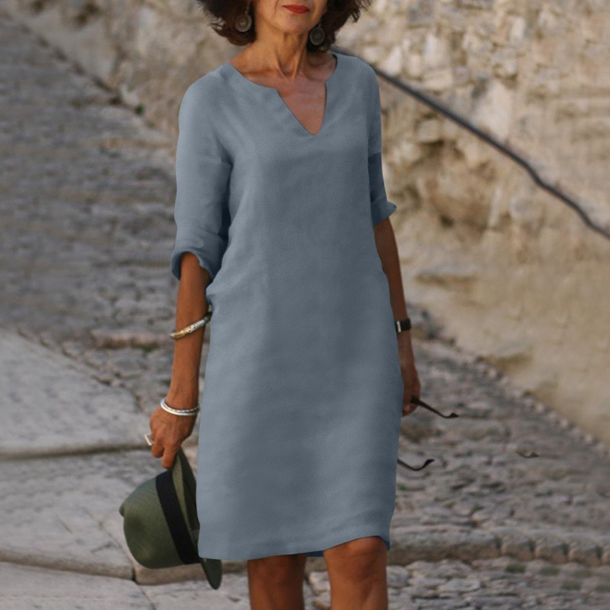 Lena V-Neck Midi Dress with 3/4 Sleeves