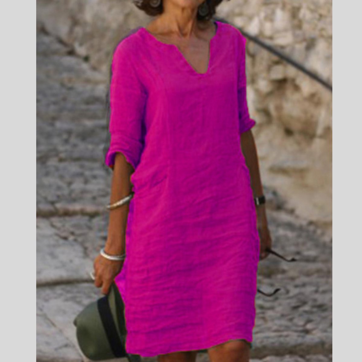 Lena V-Neck Midi Dress with 3/4 Sleeves