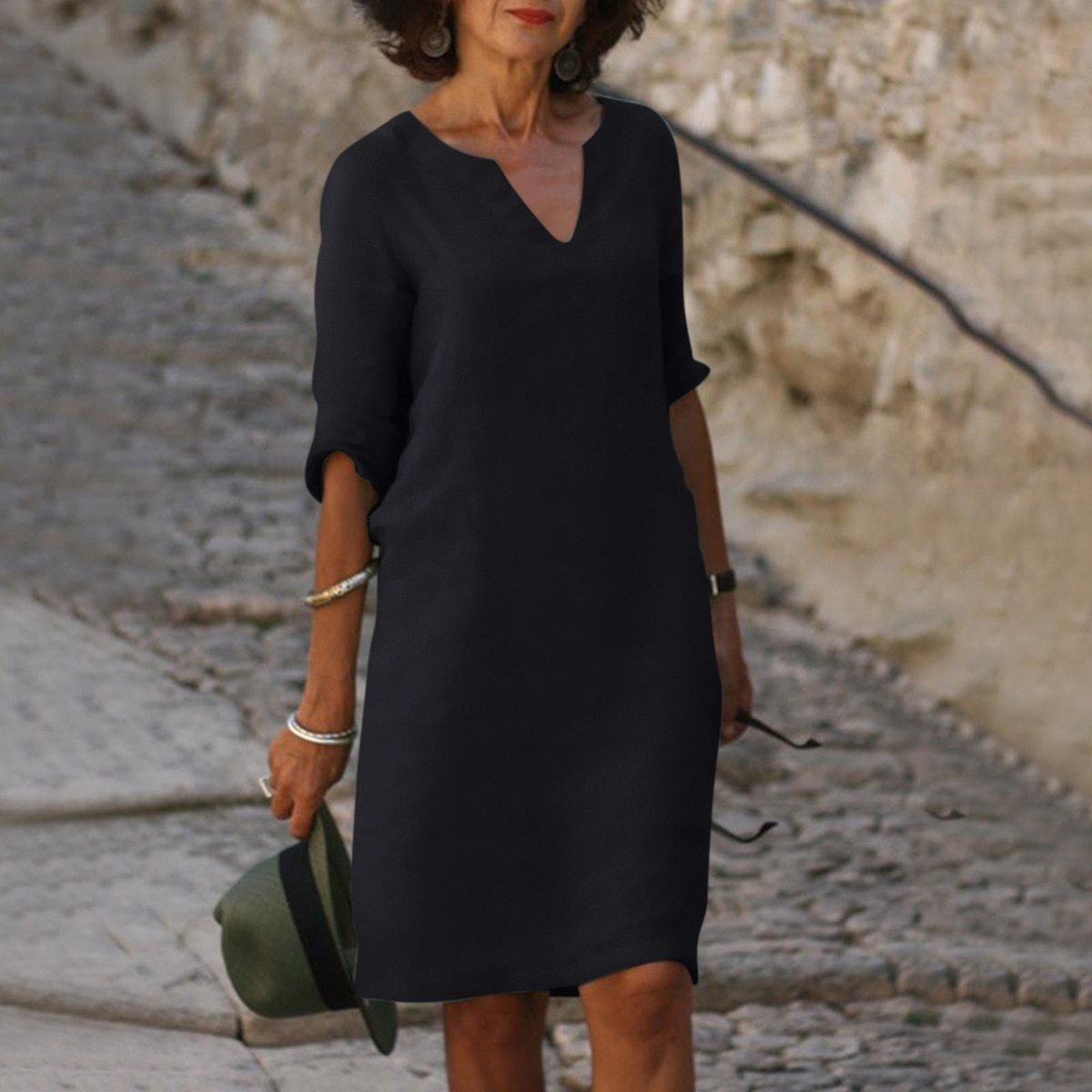 Lena V-Neck Midi Dress with 3/4 Sleeves