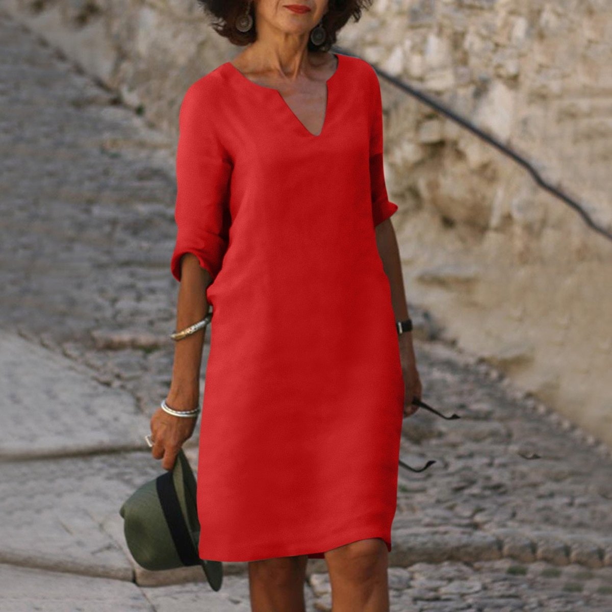 Lena V-Neck Midi Dress with 3/4 Sleeves