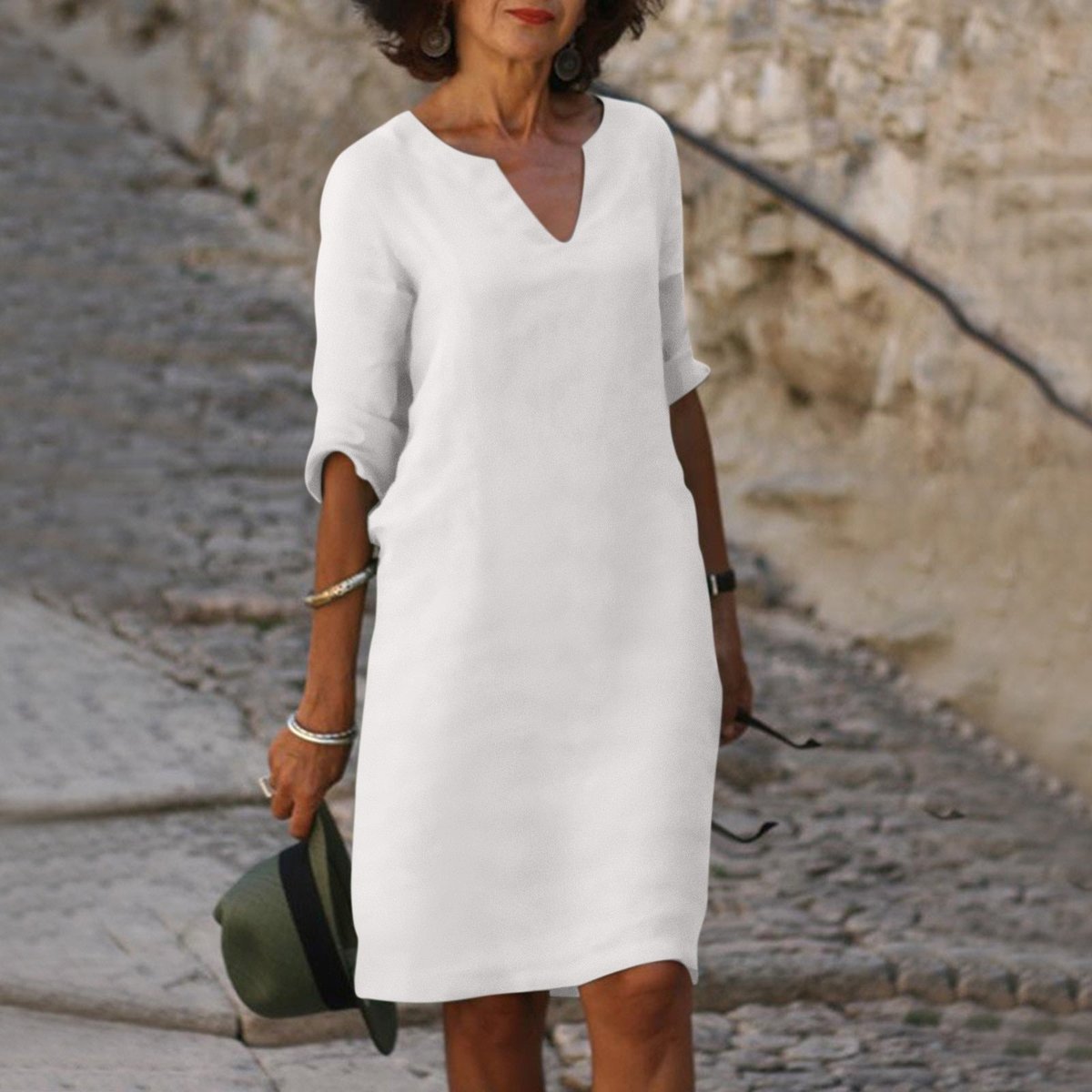 Lena V-Neck Midi Dress with 3/4 Sleeves