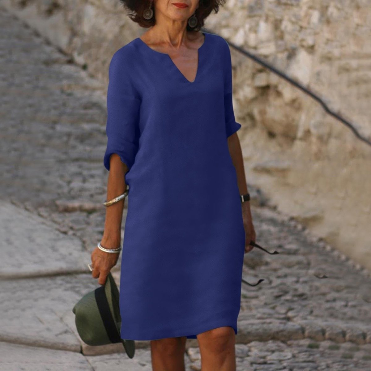 Lena V-Neck Midi Dress with 3/4 Sleeves