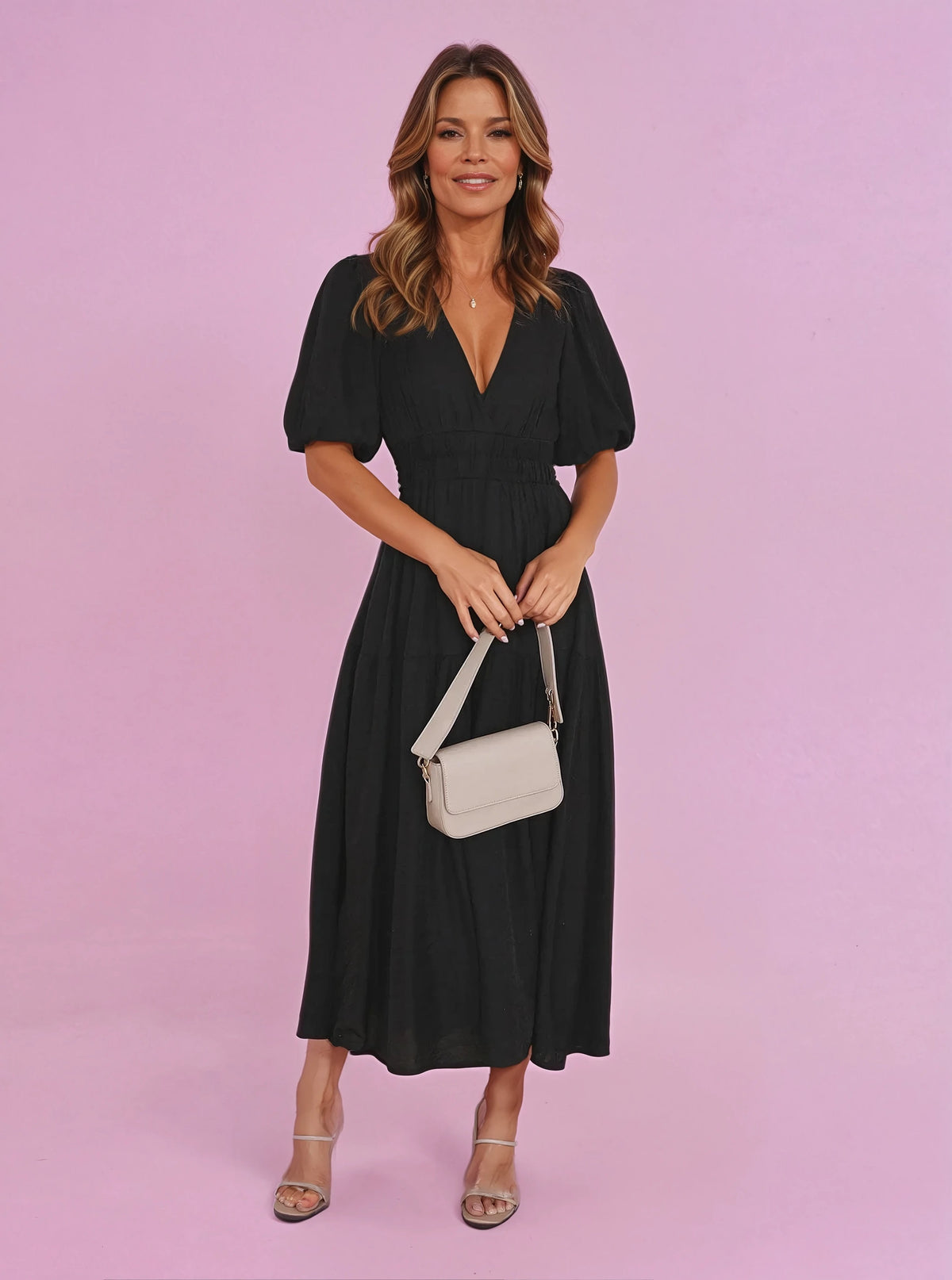 Emilia Puff Sleeve Smocked Waist Midi Dress