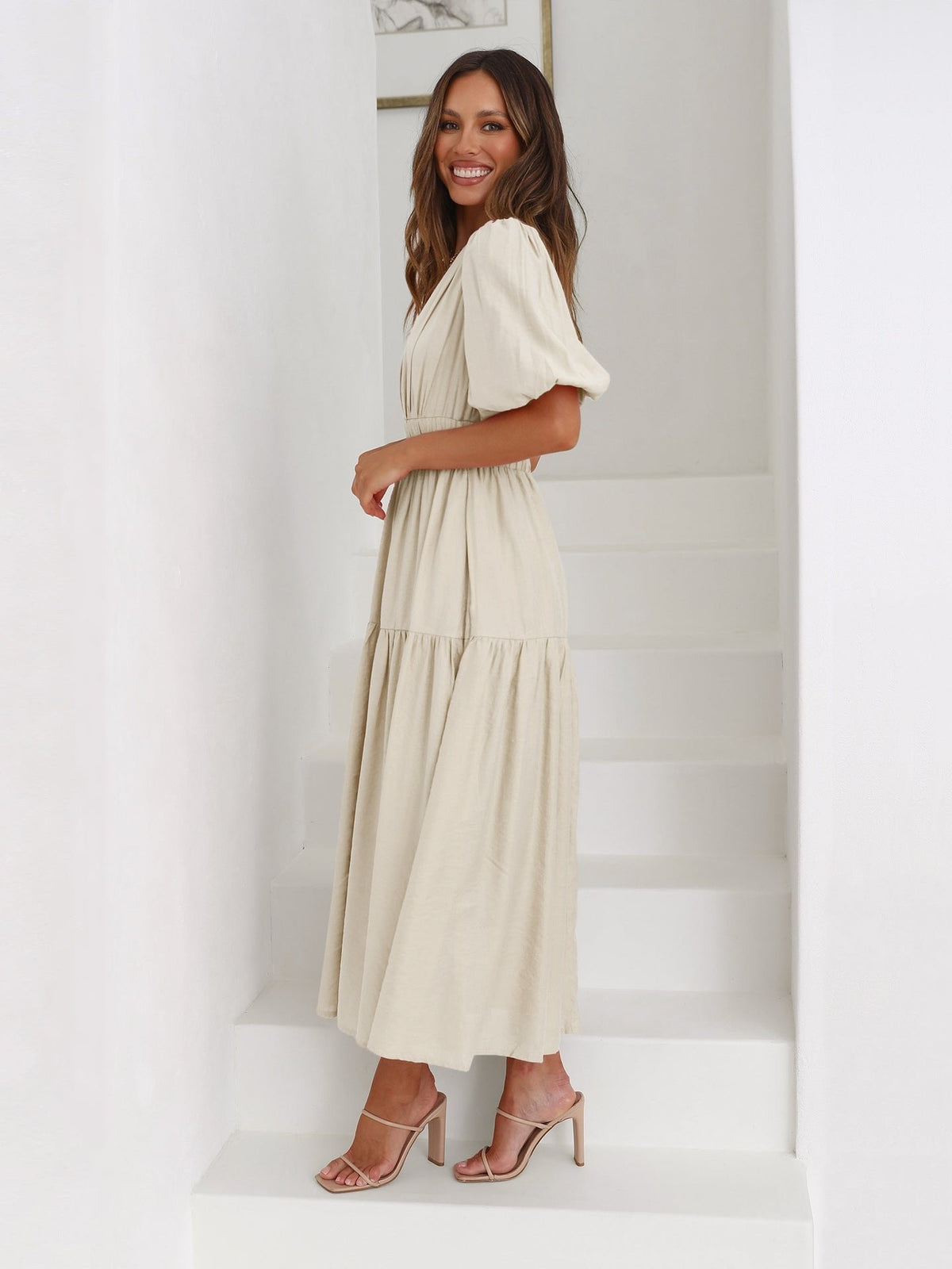 Emilia Puff Sleeve Smocked Waist Midi Dress