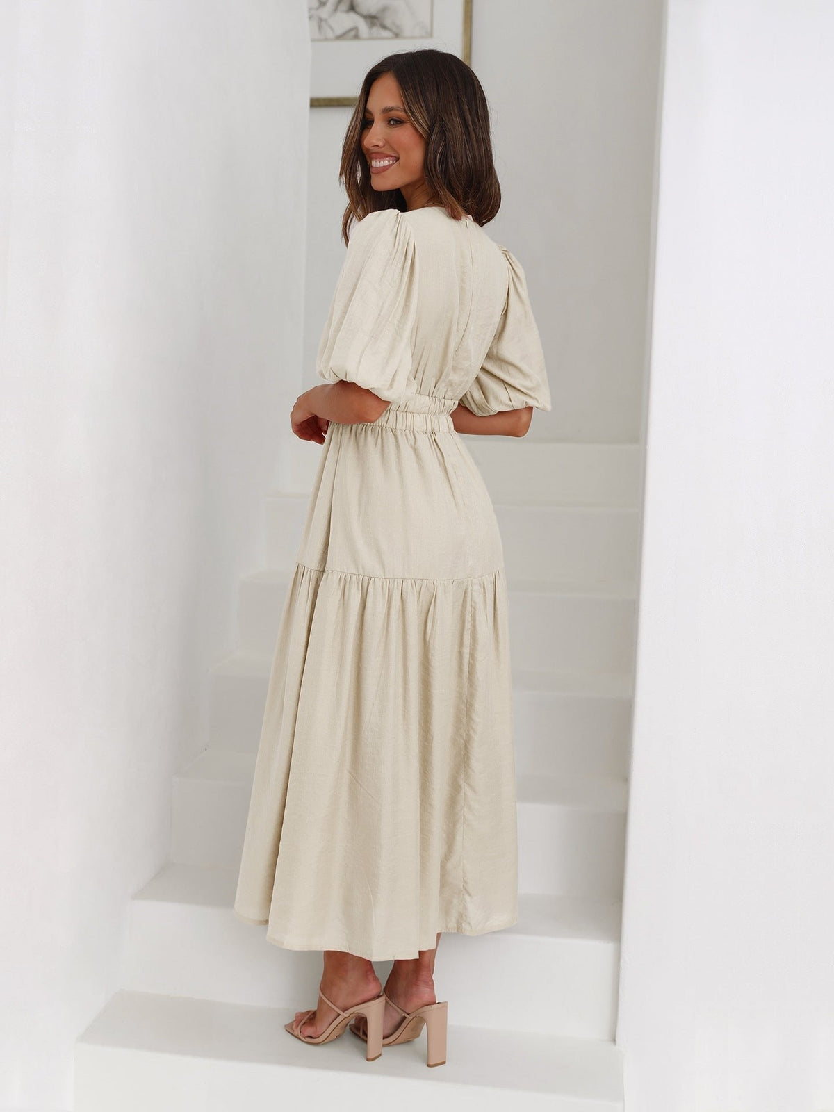 Emilia Puff Sleeve Smocked Waist Midi Dress