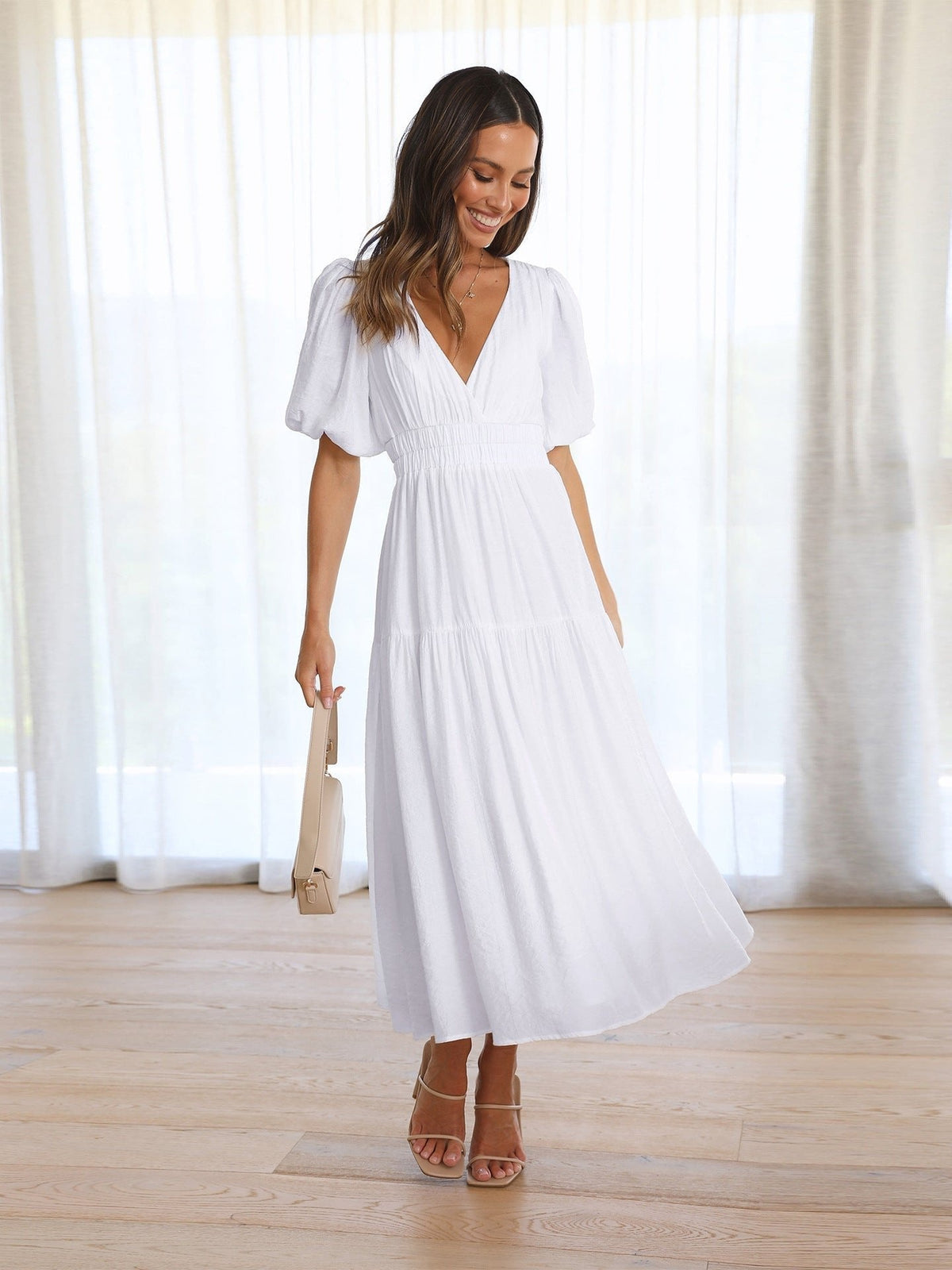 Emilia Puff Sleeve Smocked Waist Midi Dress