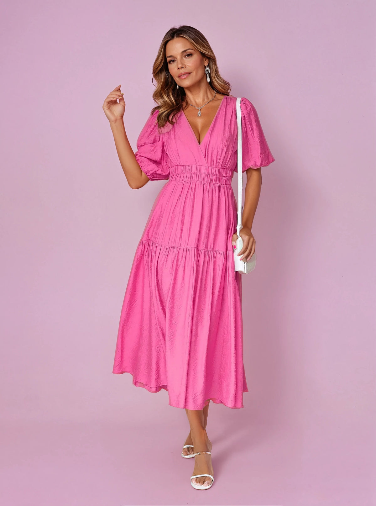 Emilia Puff Sleeve Smocked Waist Midi Dress