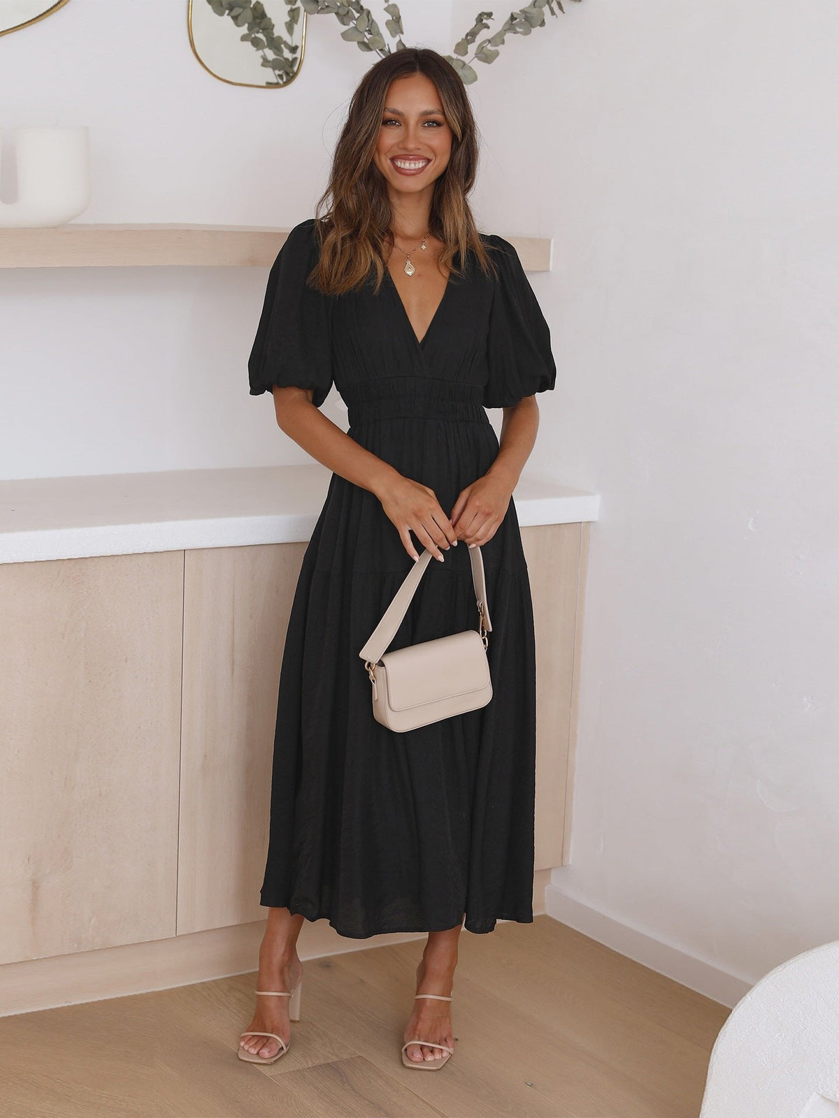 Emilia Puff Sleeve Smocked Waist Midi Dress