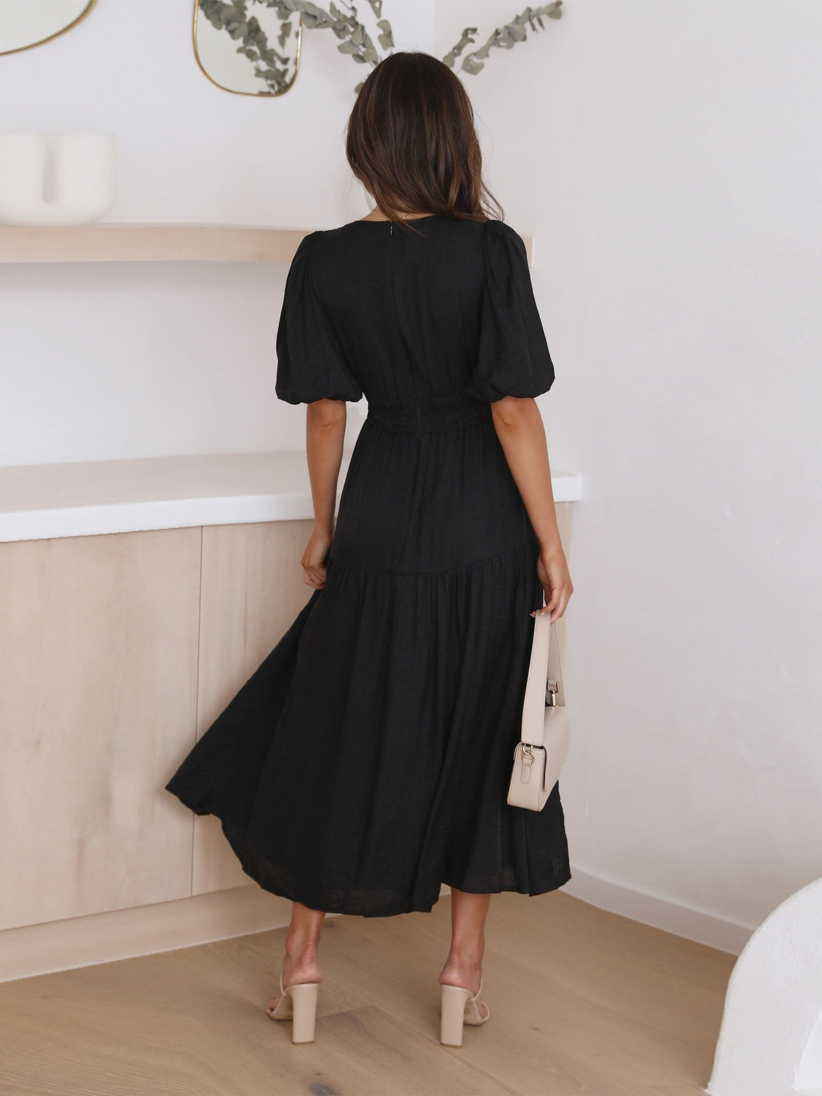 Emilia Puff Sleeve Smocked Waist Midi Dress
