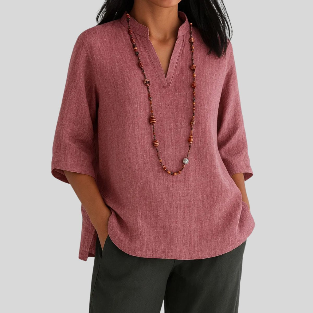 Leonie Relaxed-Fit V-Neck Tunic with 3/4 Sleeves