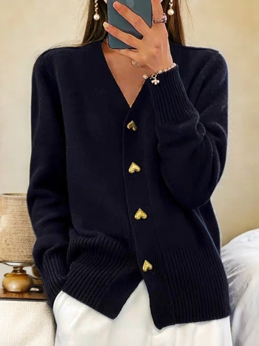 Leonie V-Neck Knit Cardigan with Heart Buttons
