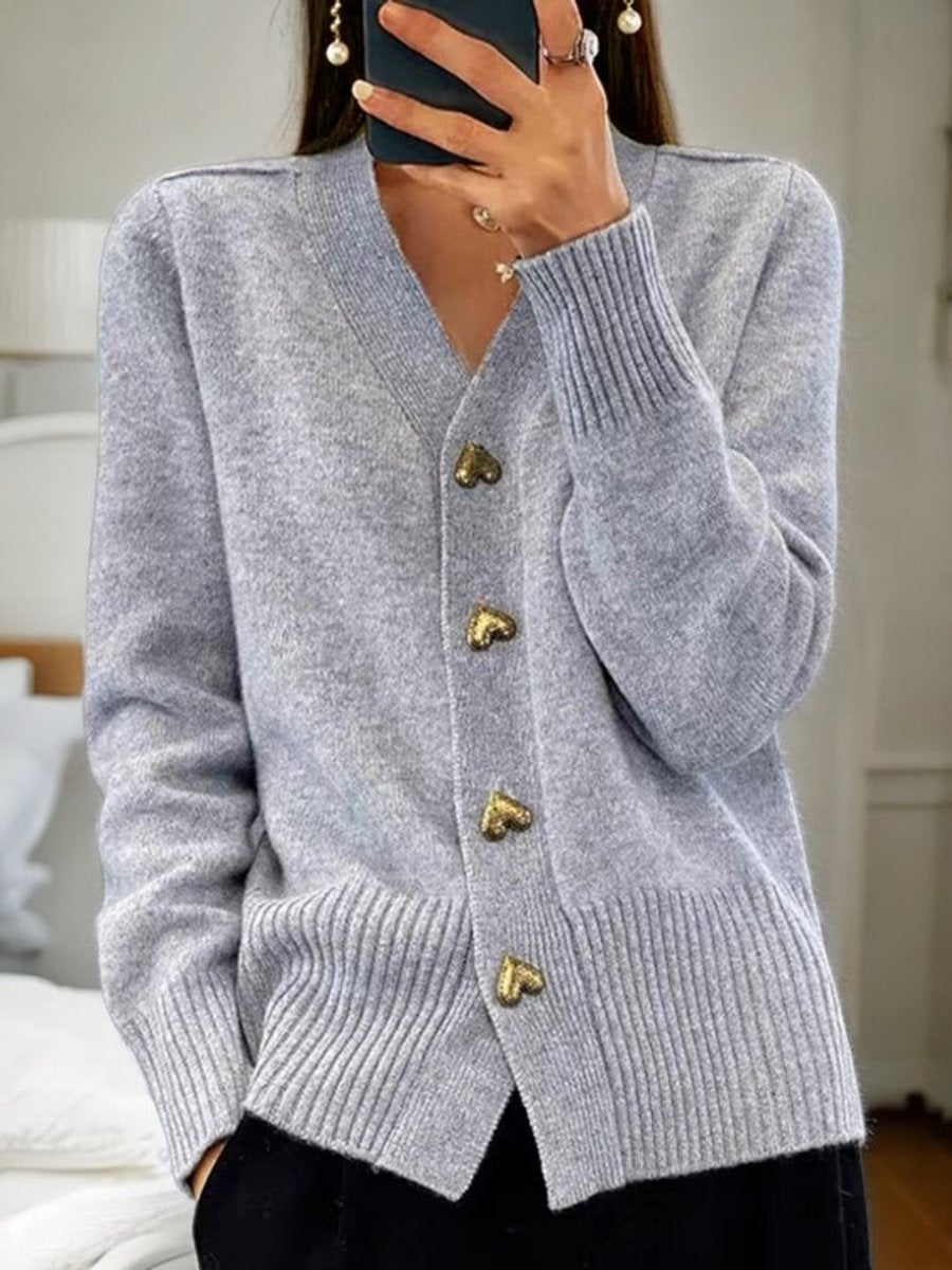 Leonie V-Neck Knit Cardigan with Heart Buttons