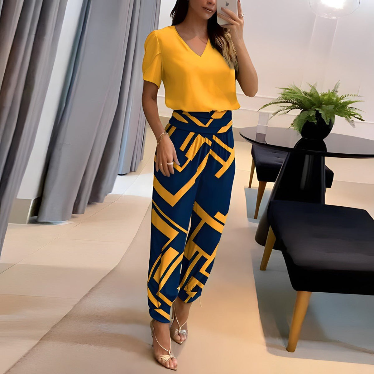 Elfriede V-Neck Wide-Leg Two-Piece Set with Short-Sleeve Top