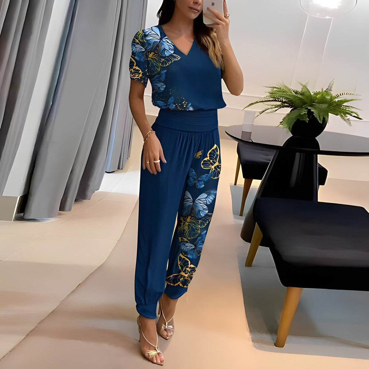 Elfriede V-Neck Wide-Leg Two-Piece Set with Short-Sleeve Top