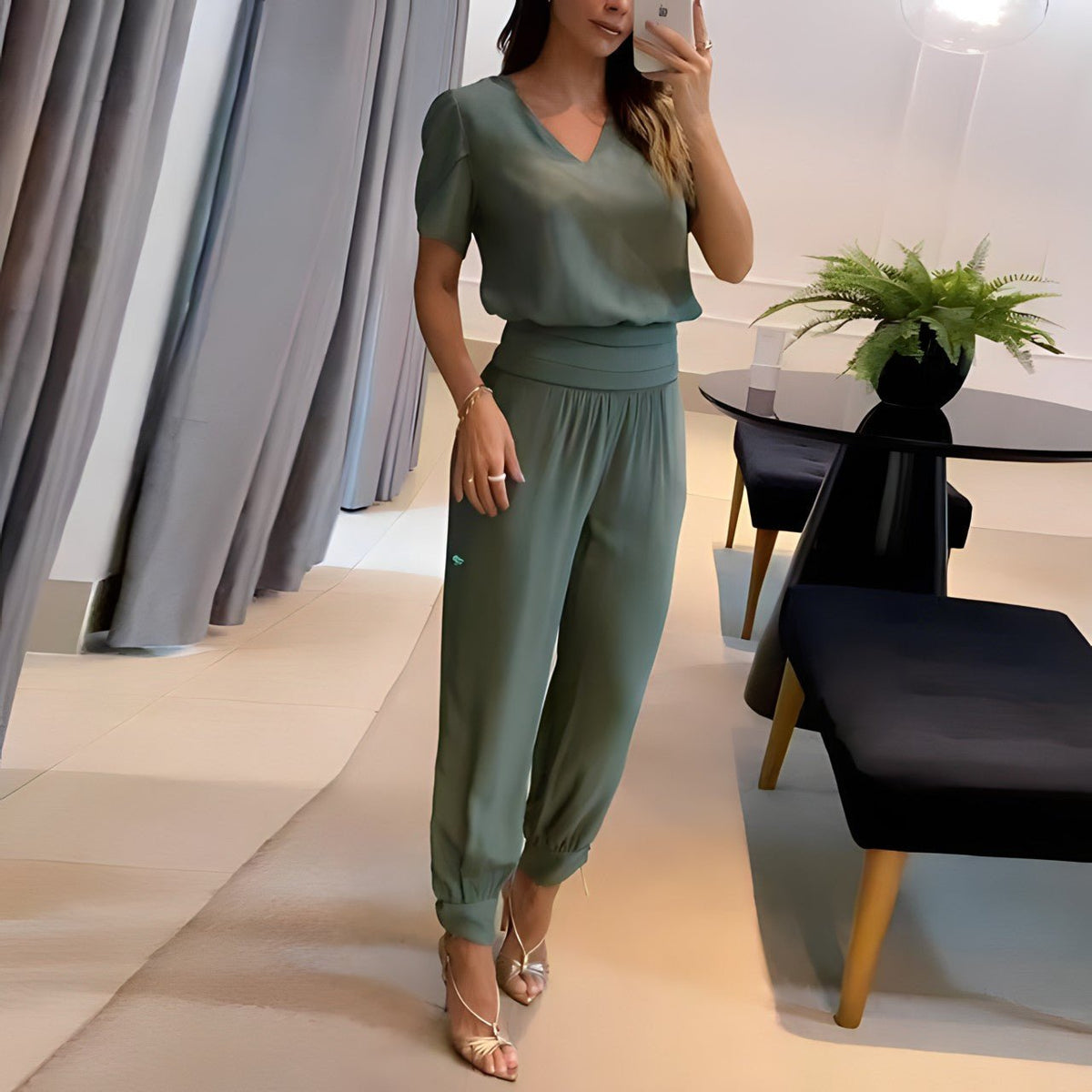 Elfriede V-Neck Wide-Leg Two-Piece Set with Short-Sleeve Top