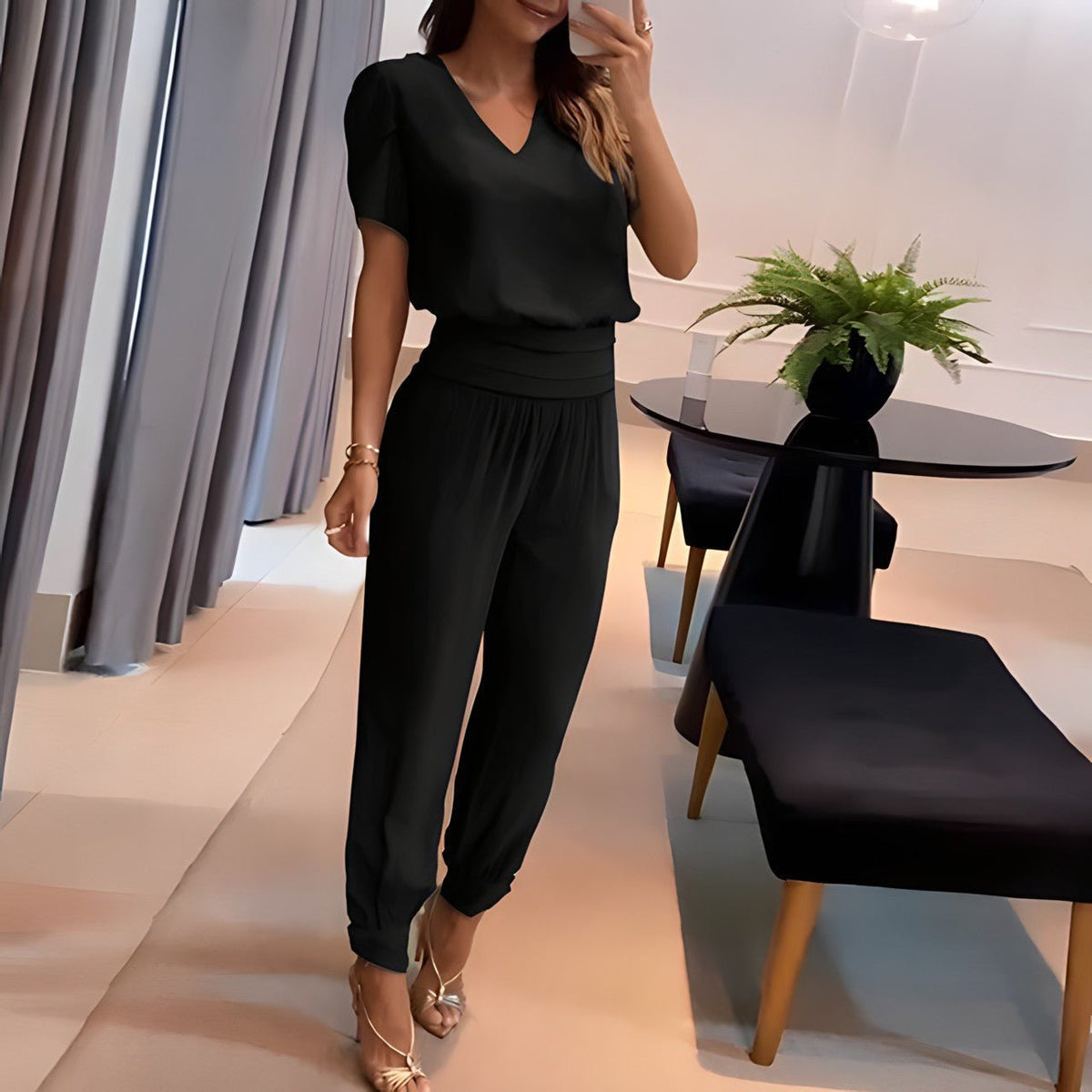 Elfriede V-Neck Wide-Leg Two-Piece Set with Short-Sleeve Top