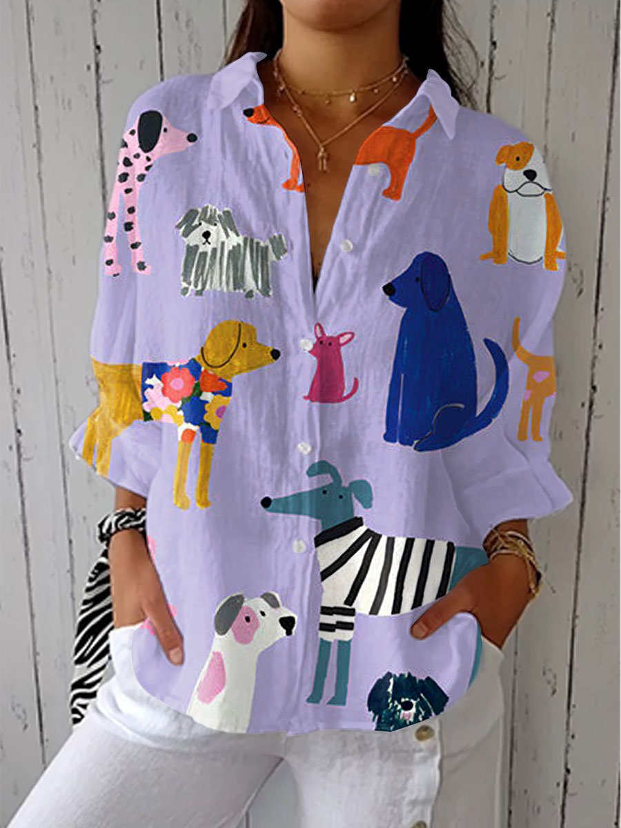 Johanna Playful Dog Print Relaxed Button-Up Blouse