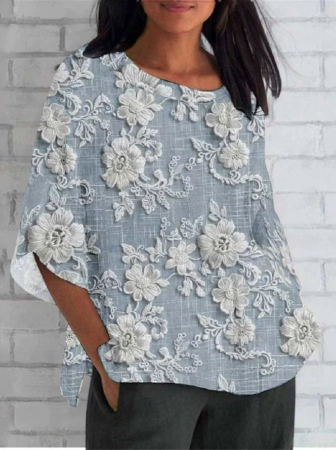 Elfriede Vintage Floral Embroidered Long-Sleeve Blouse