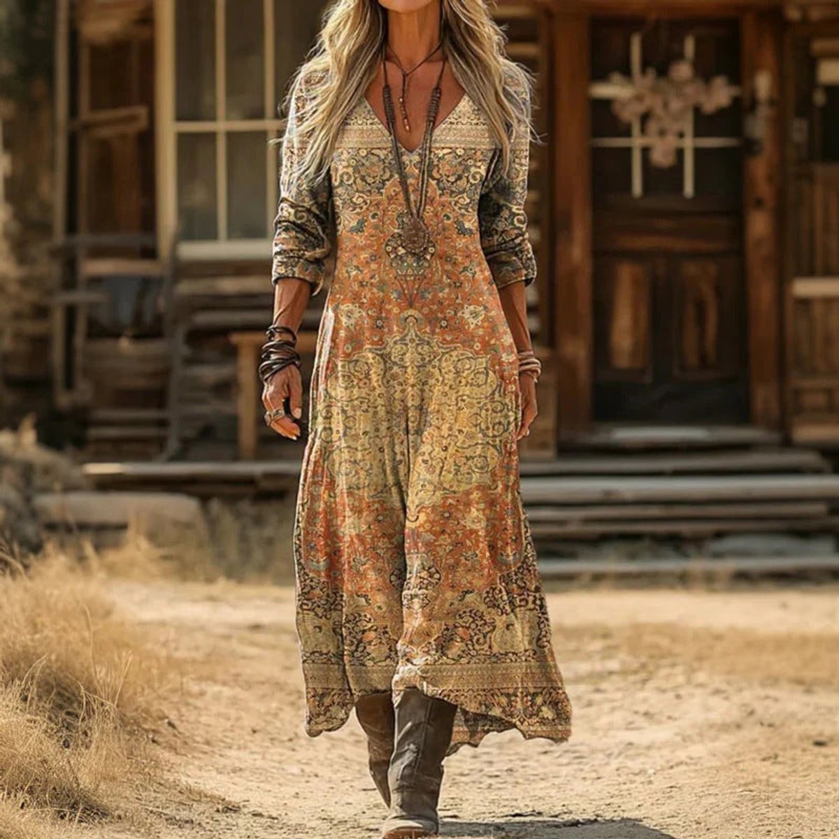 Elfriede Vintage Print Flowy V-Neck Dress