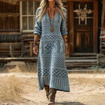 Elfriede Vintage Print Flowy V-Neck Dress