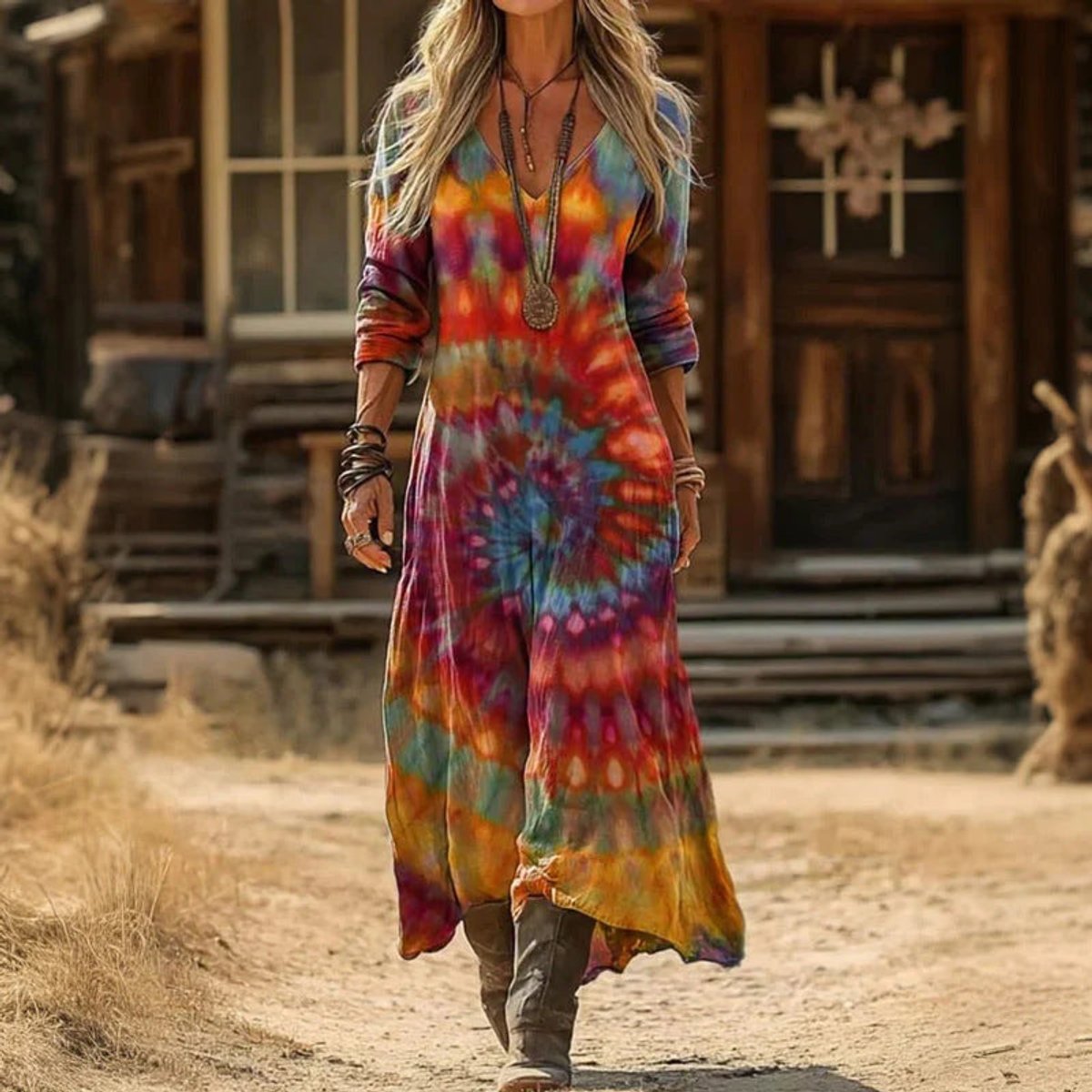 Elfriede Vintage Print Flowy V-Neck Dress