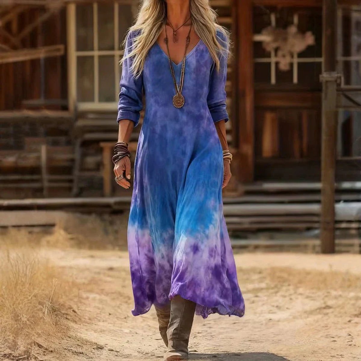 Elfriede Vintage Print Flowy V-Neck Dress