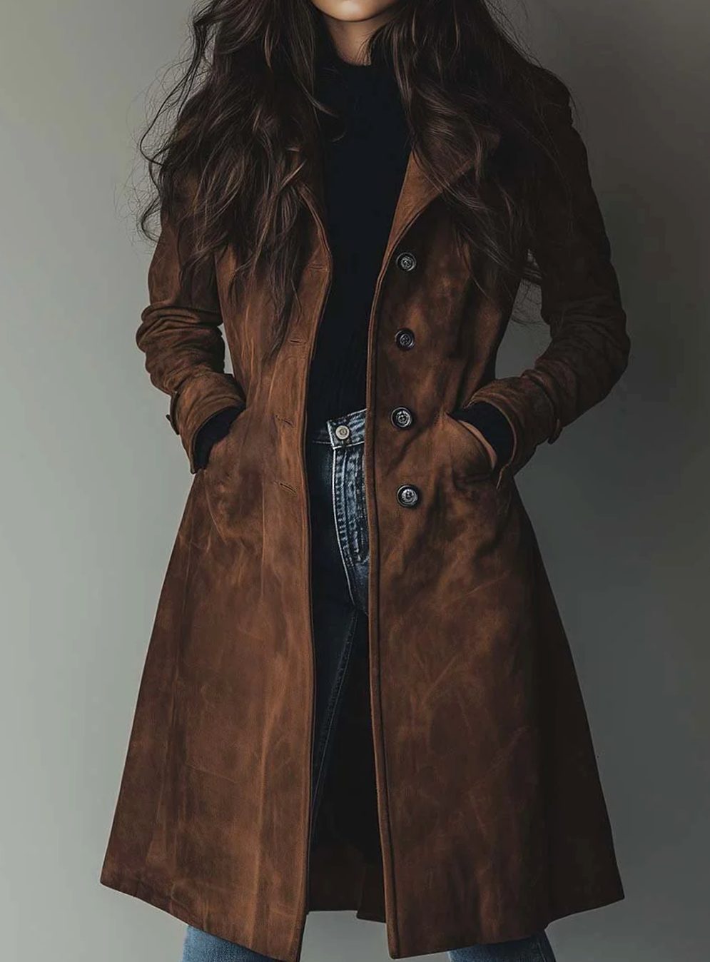 Lena Vintage Suede-Look Double-Breasted Trench Coat