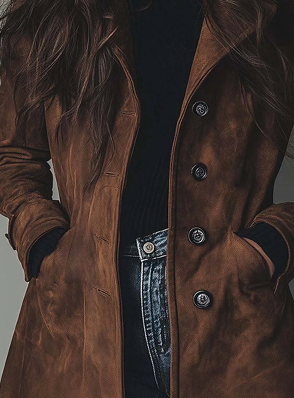 Lena Vintage Suede-Look Double-Breasted Trench Coat