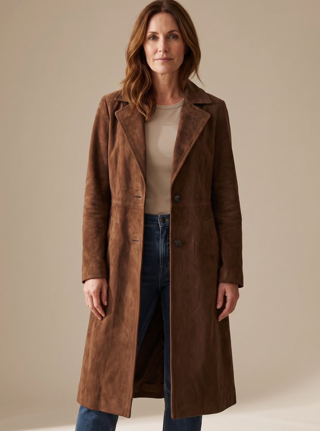 Lena Vintage Suede-Look Double-Breasted Trench Coat