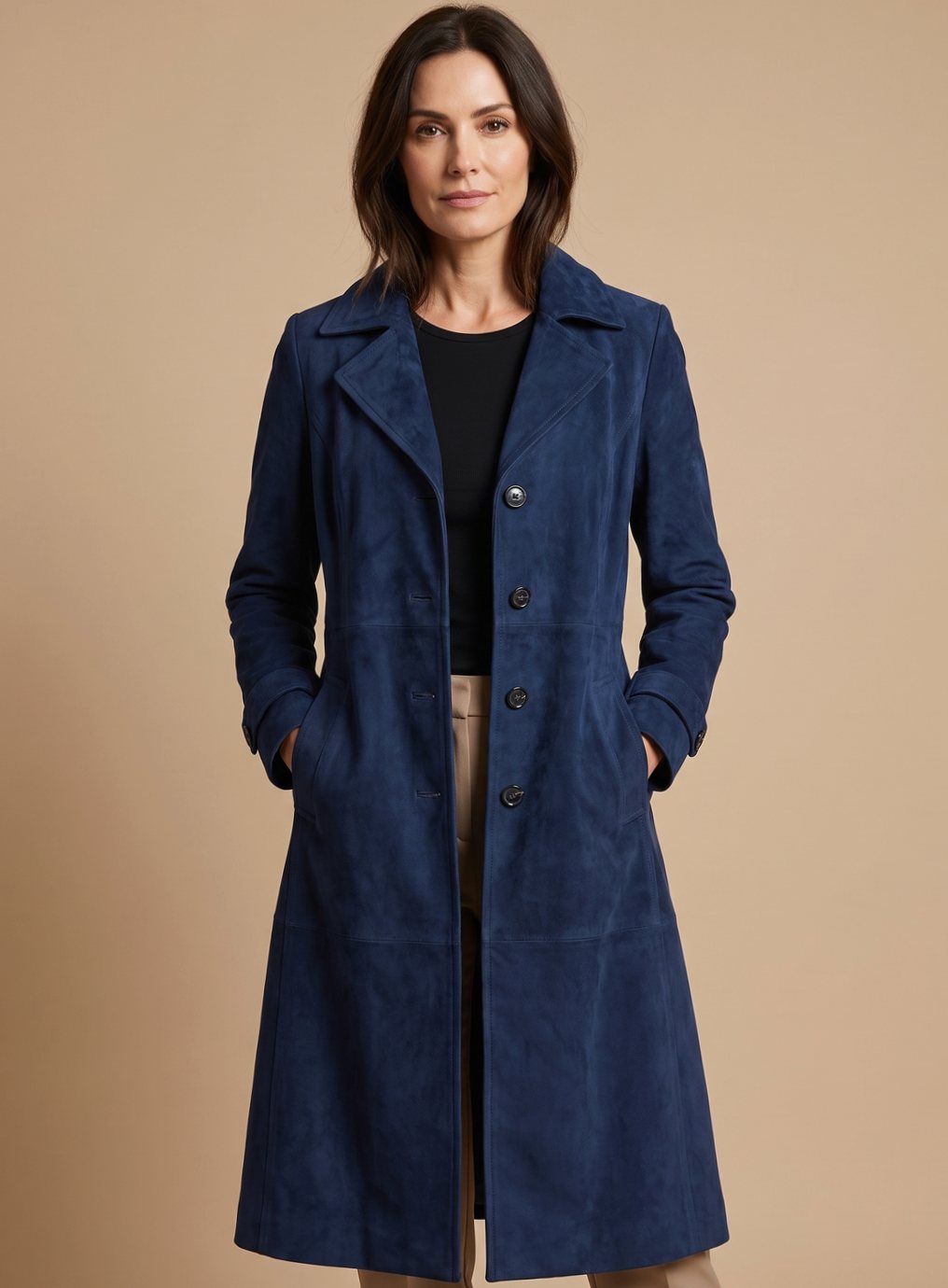 Lena Vintage Suede-Look Double-Breasted Trench Coat