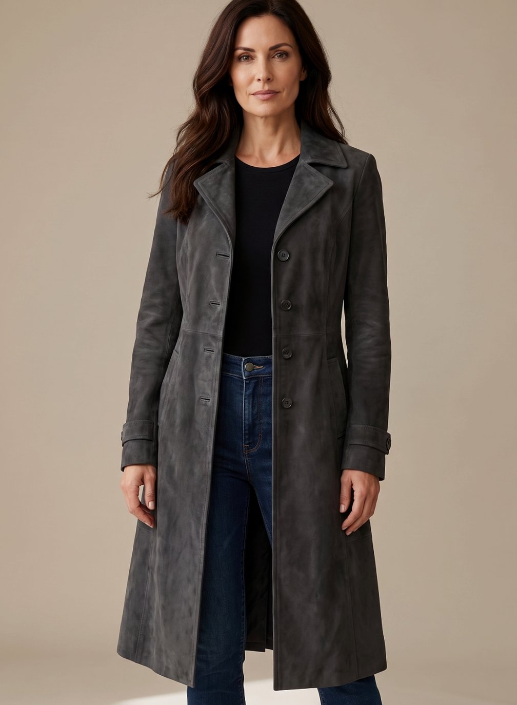Lena Vintage Suede-Look Double-Breasted Trench Coat
