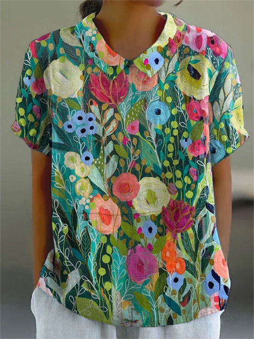Greta Watercolor Floral Short-Sleeve Blouse