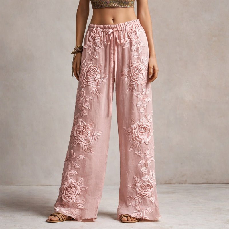 Marlene Embroidered Floral Wide-Leg Drawstring Pants