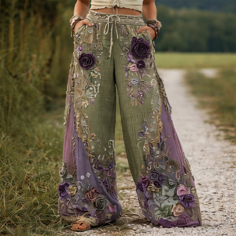 Marlene Embroidered Floral Wide-Leg Drawstring Pants