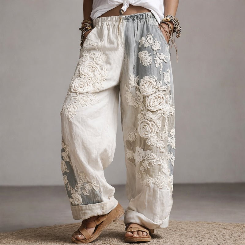 Marlene Embroidered Floral Wide-Leg Drawstring Pants