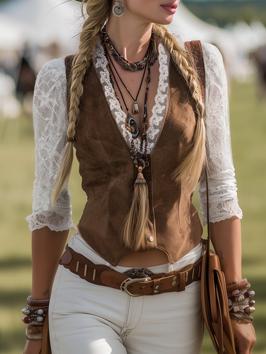 Charlotte Western Lace Blouse with Tailored V-Neck